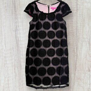 BETSEY JOHNSON Black Lace Flower Cap Sleeve Lavender Gray Lining Shift Dress 4